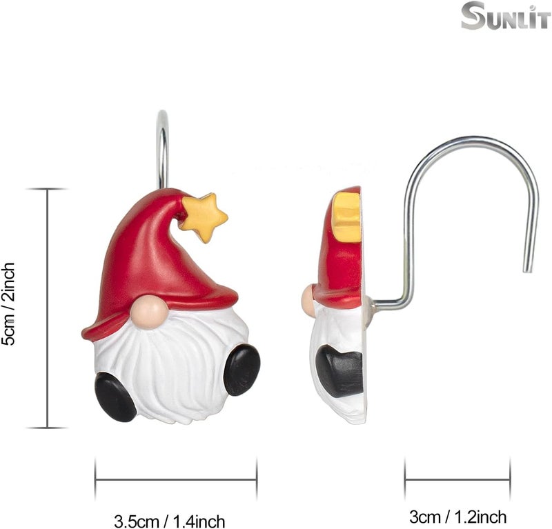 Sunlit Christmas Shower Curtain Hooks, Gnome Shower Curtain Rings, Hand Painted Resin Christmas Decor, Winter Bathroom Decoration, Red Hat with Yellow Star, Set of 12 - Image 3